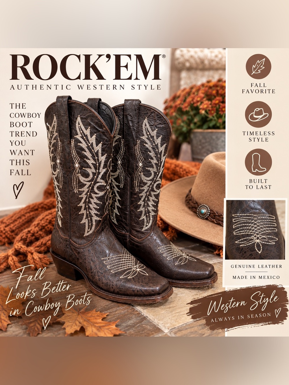 Rock'em Brown Leather Round Toe Boots size 6